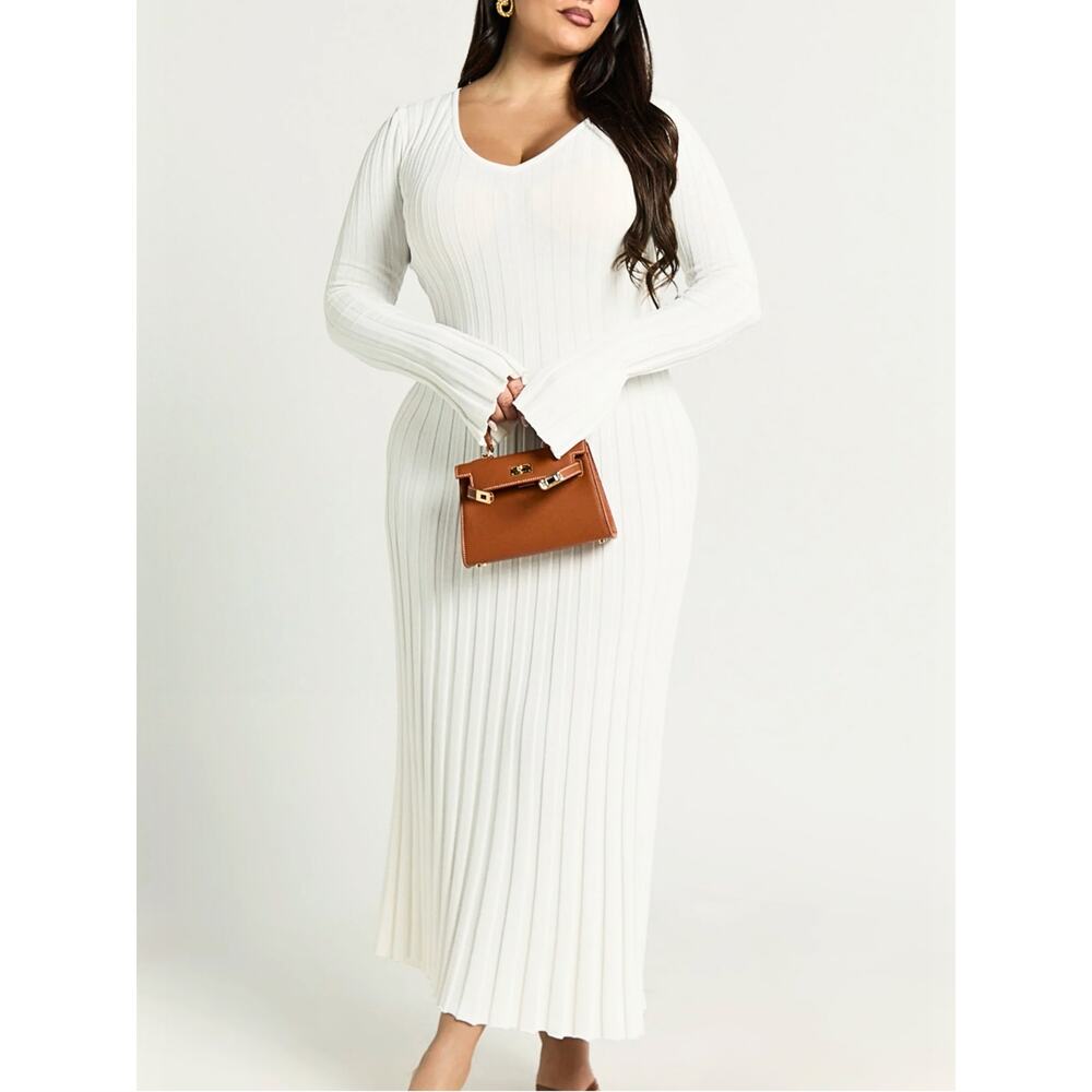 Showpo Sweater Dress Midi Maxi Size 16 White Cream Knit Long Sleeve Pleated
